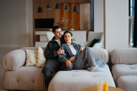 Cozy moment between a couple in a modern living room during the afternoonの写真素材