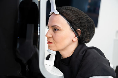 Individual receiving an eye examination in a modern clinic at daytimeの写真素材