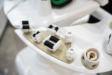 Advanced robotic device with intricate components on display at technology expoの写真素材