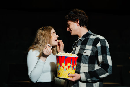 Young couple enjoying popcorn together in a movie theater setting