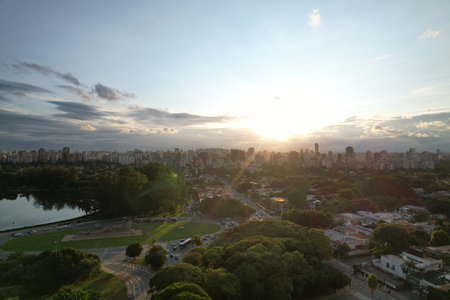 Sunset over Sao Paulo cityscape with parks and urban skyline in viewの写真素材