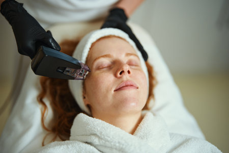 Woman receiving facial treatment in a wellness salon during daylight hours