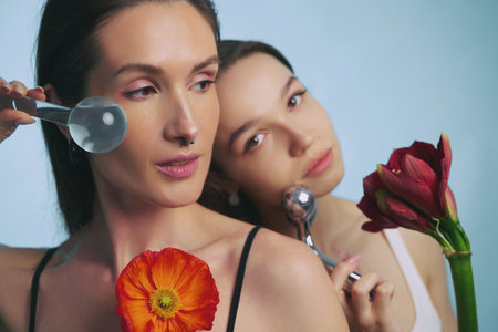 Two women using beauty tools with flowers in a pastel settingの写真素材