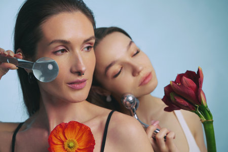 Beauty ritual with flowers and skincare tools in gentle lighting settingの写真素材