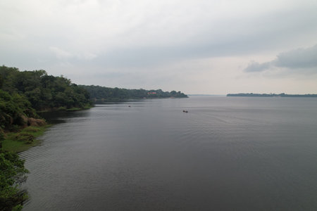 Calm waters reflect overcast skies in an Amazonian river landscapeの写真素材