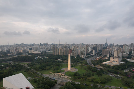 Skyline view of Sao Paulo showcasing the Obelisk in Ibirapuera Parkの写真素材