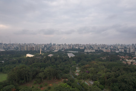 Skyline view of Sao Paulo with green space in the foreground at duskの写真素材