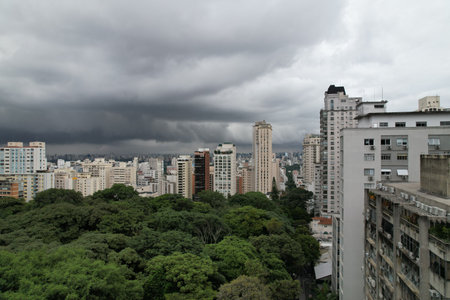 Cloudy skies over the urban landscape of Sao Paulo, Brazilの写真素材