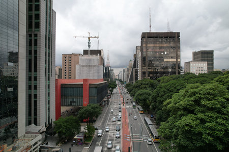 Cityscape view of Sao Paulo featuring urban buildings and cloudy skiesの写真素材