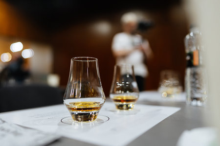 Enjoying fine whiskey at a tasting event in a cozy, intimate venueの写真素材
