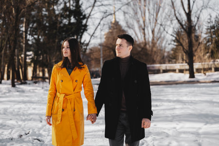 Couple enjoys a winter stroll in the snow-covered parkの写真素材