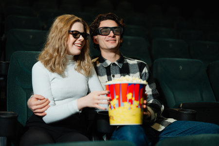 Couple enjoying a movie together in a theater with popcornの写真素材