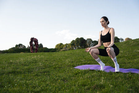 Meditation practice in a grassy park under the blue sky at sunsetの写真素材