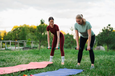Two friends exercising outdoors with weights on yoga mats in natureの写真素材