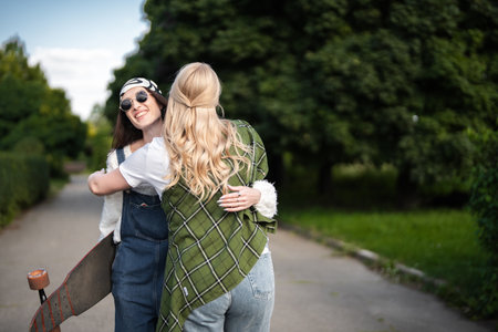 Friends joyfully reunite in a sunlit park during a warm afternoonの写真素材