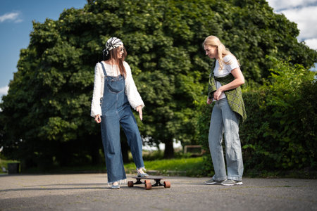 Friends enjoy a sunny day practicing skateboarding tricks in the parkの写真素材