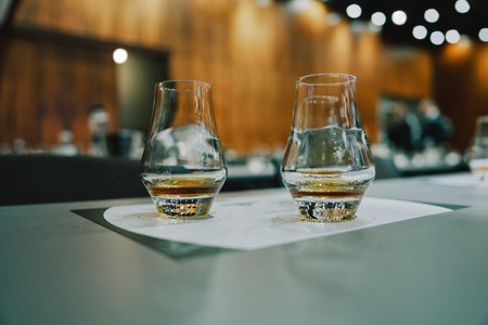 Glasses of whiskey on a table in a tasting eventの写真素材