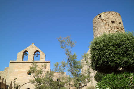 Church with bells and tower. Castle Capdepera, Mallorca, Spainのeditorial素材