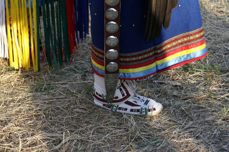 Close up of dance moccasins as used in Pow Wow dancing. Traditional Native American / American...