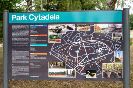 Direct view on the information board in Cytadela Park, Poznan, Poland, summer day, no people