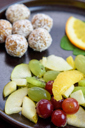 Fruit salad with tropical fruits, 45 degree angle, close-upの写真素材