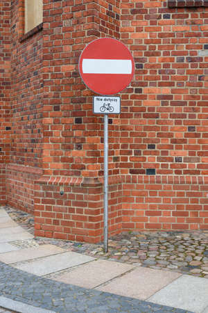 No entry, does not apply to bicycles prohibition sign in Polandの写真素材