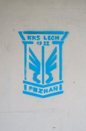 Poznan, wielkopolskie, Poland, 01.05.2021: KKS Lech Poznan graffiti on a wallのeditorial素材
