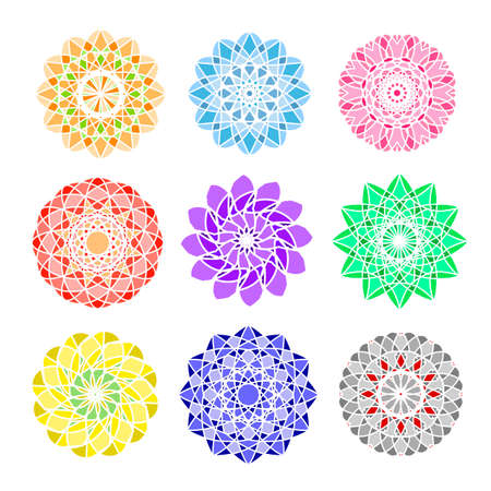Set of vector multicolored unusual round geometric graphic floral patterns on white backgroundのイラスト素材