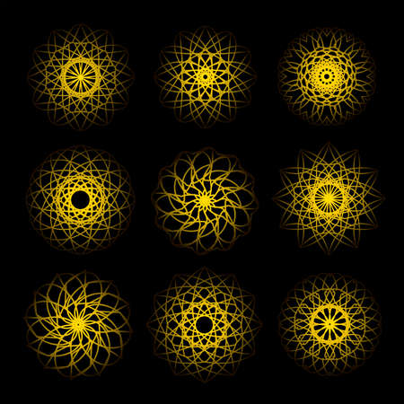 Set of vector yellow round lines geometric graphic floral patterns on black backgroundのイラスト素材
