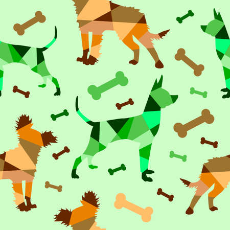 Seamless vector brown-green geometric silhouettes of dogs on a green backgroundのイラスト素材