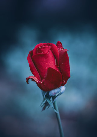 red rose with water drops in green backgroundの写真素材