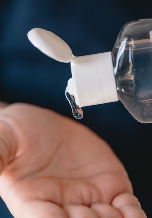 Girl applying disinfect hand sanitizer gel. For the prevention of coronavirus disease (Covid-19).の写真素材