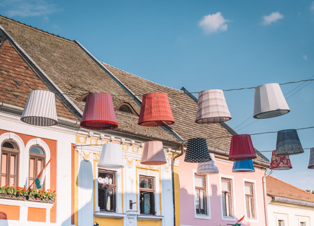 lampshades in the air, Szentendre Hungary, street decorの写真素材