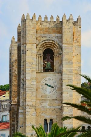 facade of the cathedral in Lisbon from belowの写真素材