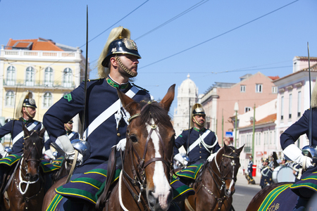 LISBON - APRIL 16: The Changing Guard Ceremony takes place in Palace of Belem on APRIL 16, 2017 in Lisbon, Portugal.のeditorial素材