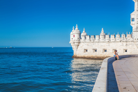 LISBON, PORTUGAL - SEPTEMBER 13 . 2017 . Torre de Belem UNESCO World Heritage View from Across Park During Sunny Dayのeditorial素材