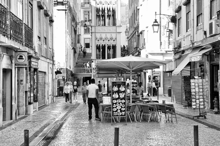 LISBON, PORTUGAL - 29.10.2017: City street at day time. Black-white photo .のeditorial素材