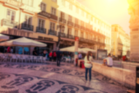 Street in the historical city center at sunset time. Blurred  image.の写真素材