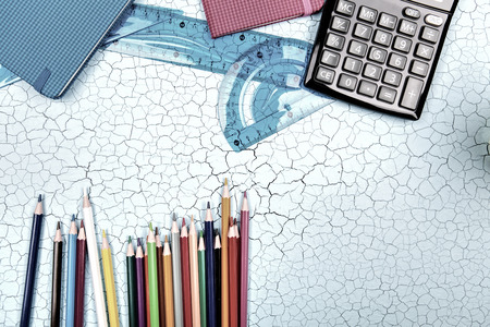 school supplies, stationery accessories on wooden background