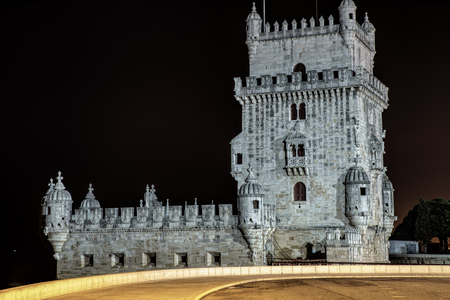 Portugal, Lisbon, view of the belem tower at night . Historical monument  のeditorial素材