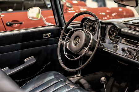LISBON - APRIL 07 , 2018 : View of the interior of an old vintage car in Lisbon, Portugalのeditorial素材