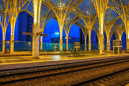 LISBON, PORTUGAL - April  15, 2018 .    Gare do Oriente train station at night in Lisbon, Portugalのeditorial素材