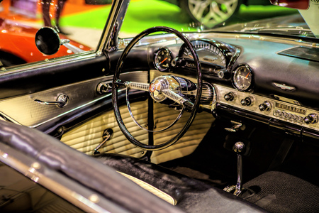 LISBON - APRIL 07 , 2018 : View of the interior of an old vintage car in Lisbon, Portugal
