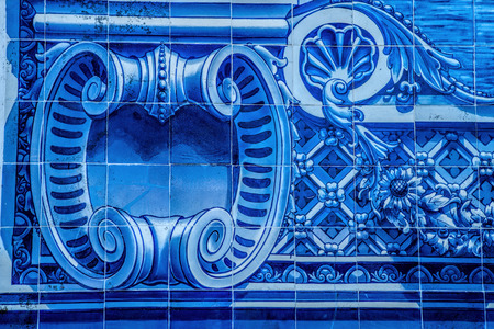 Traditional Portuguese tiles on the building in Lisbon, Portugal. Background texture.の写真素材