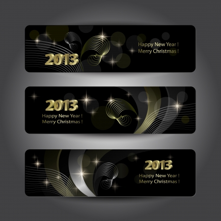 Set of abstract New Year headers, banners. Golden pattern on the black background. のイラスト素材