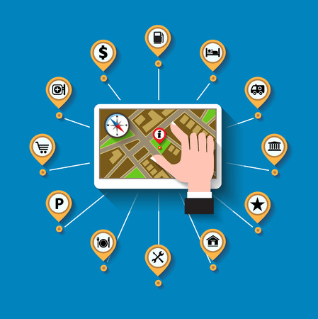Mobile gps navigation and set of icons. Modern vector illustration, flat design conceptのイラスト素材