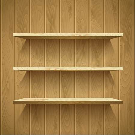 Empty shelves on the wooden wall,  illuminated with reflector ligh, vector illustrationのイラスト素材