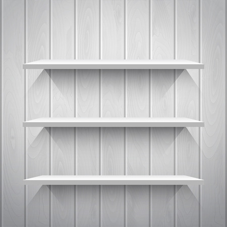 Empty white shelves on the wooden wall in gray colors, vector backgroundのイラスト素材