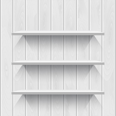 Empty white shelves on the wooden wall in gray colors, vector backgroundのイラスト素材