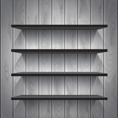 Empty white shelves on the wooden wall in gray colors, vector illustrationのイラスト素材